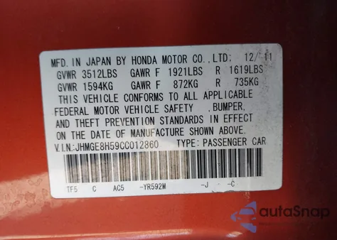 2012 Honda Fit Sport z USA, uszkodzony, nr VIN JHMGE8H59CC012860